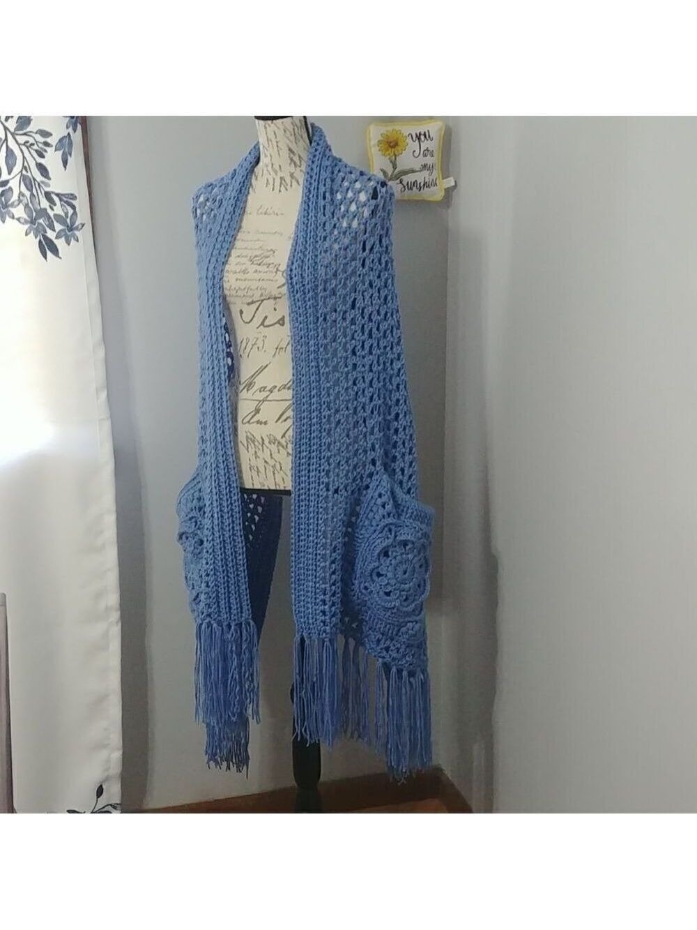 Handmade Crocheted Perfect Pockets Shawl with Flower Pocket and Fringe in blue